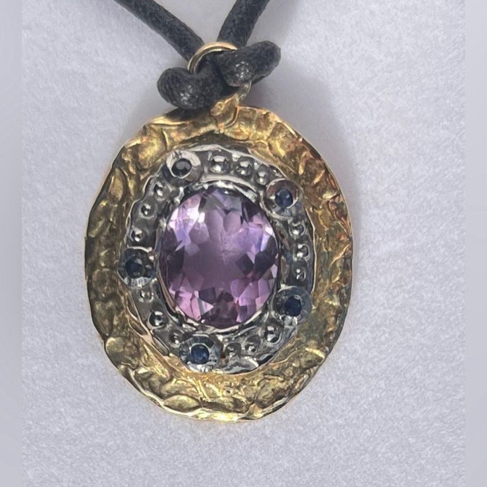 Gold/Silver Made Italy 🇮🇹 Pendant Necklace with Purple Gemstone - Picture 6 of 16